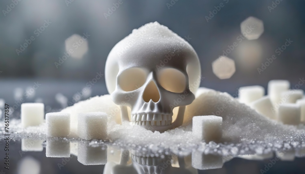 A skull made of sugar starkly symbolizes health warnings. A haunting representation of the risks associated with sweet consumption. - obrazy, fototapety, plakaty 