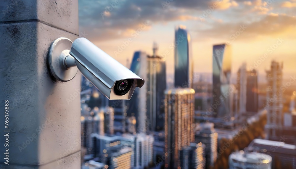 A surveillance camera monitors the urban skyline at sunset. The security device keeps a vigilant eye over the sprawling metropolis. A surveillance camera monitors the urban skyline at sunset. The security device keeps a vigilant eye over the sprawling metropolis.