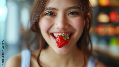Woman biting into a strawberry  smiling.