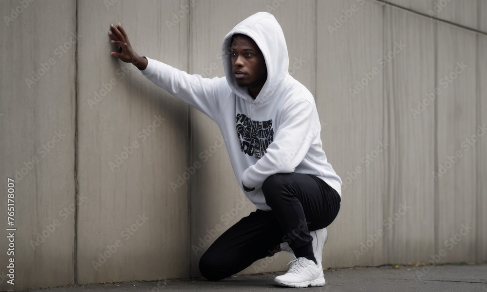 An individual in a white hoodie and black pants crouches by a grey wall, exuding an urban explorer vibe. The minimalist color palette emphasizes the modern streetwear aesthetic.