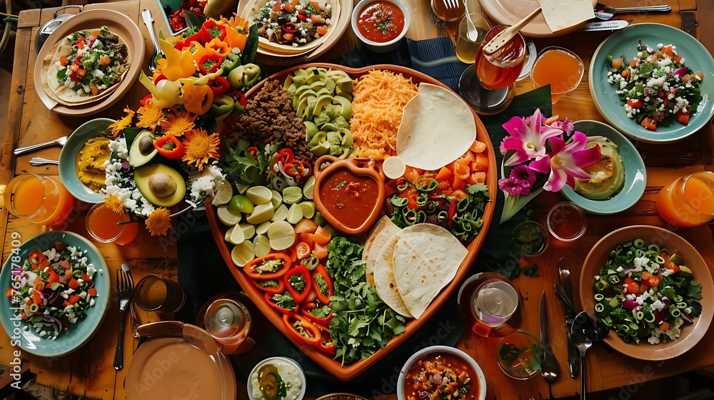 Cinco de Mayo food laid out on a table in the shape of a heart