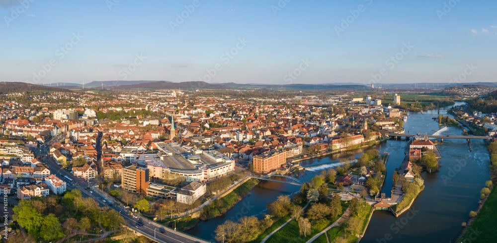 Aerial view of Hameln and the river Weser in Germany