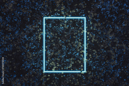 Rectangular neon light shape above spring plants and flowers. Flat lay of minimal nature style concept. 3D Rendering