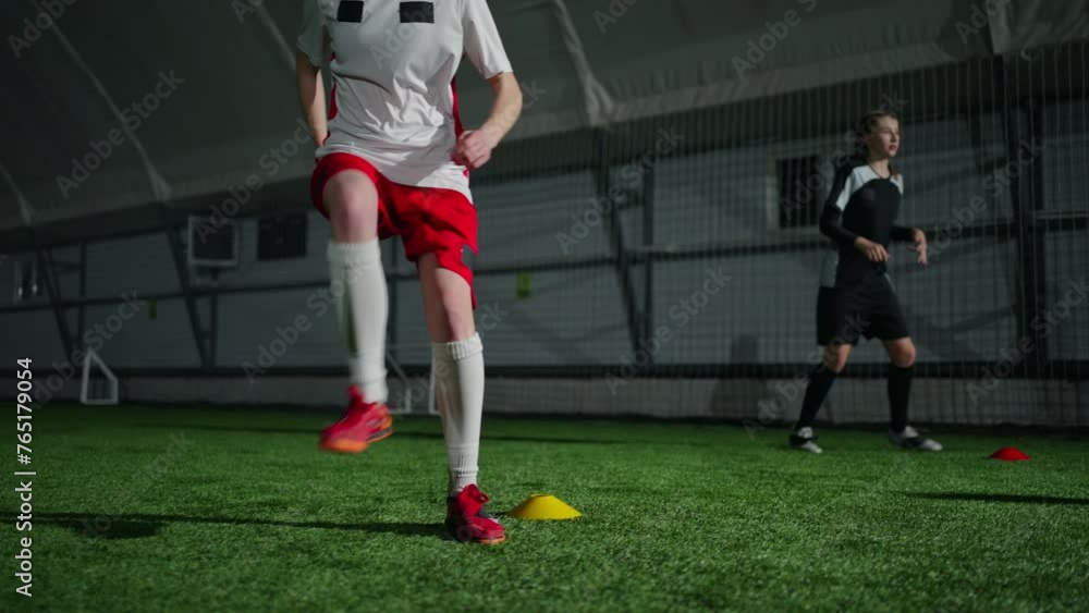 Talented Athletic Girls Children Training In Soccer School, Little Girls Exercising With Ball, Sport Talented Athletic Girls Children Training In Soccer School, Little Girls Exercising With Ball, Sport