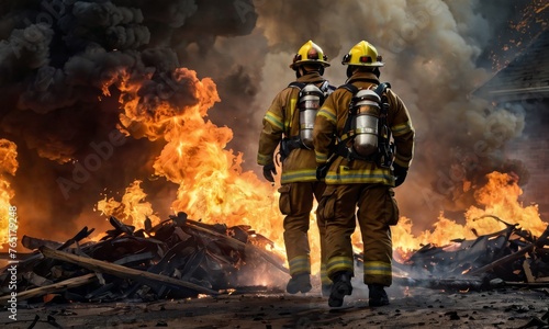 A duo of firefighters move through a scene of destruction  engulfed in smoke and flames. They symbolize hope amidst chaos.