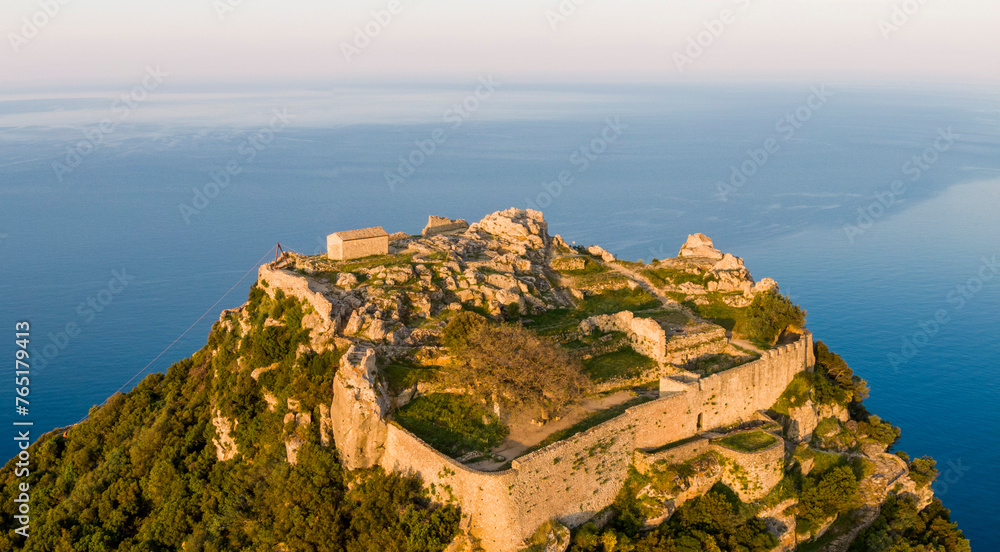 Aerial view of a Byzantine Angelokastro castle on the island of Corfu