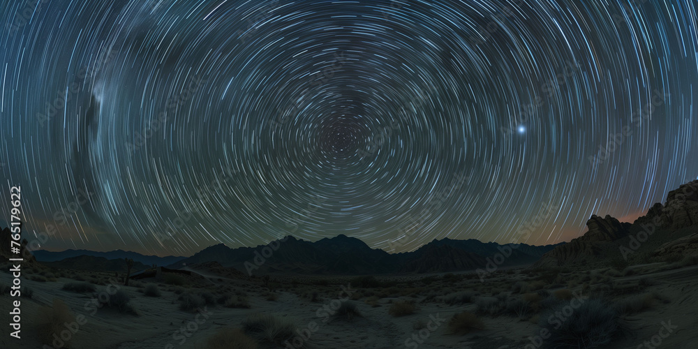 Fototapeta premium Star Trails over Rugged Desert Mountains at Dusk
