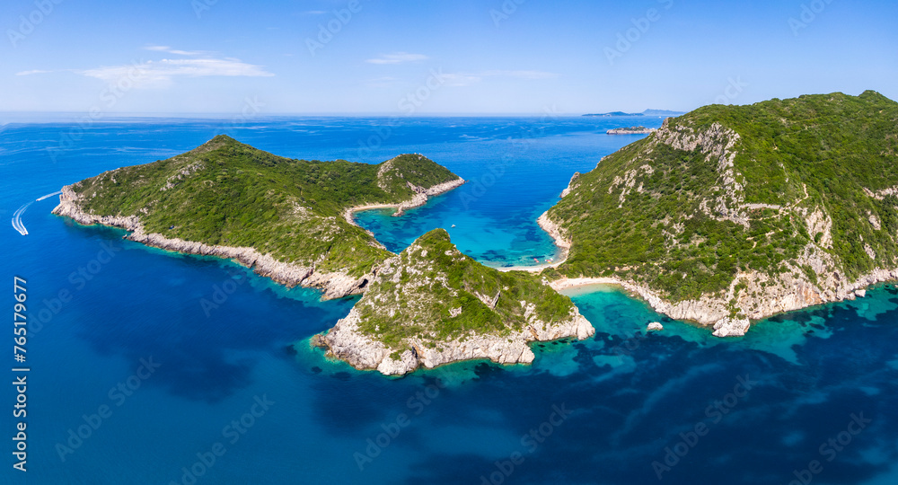Aerial view of the Porto Timoni beach on the island of Corfu