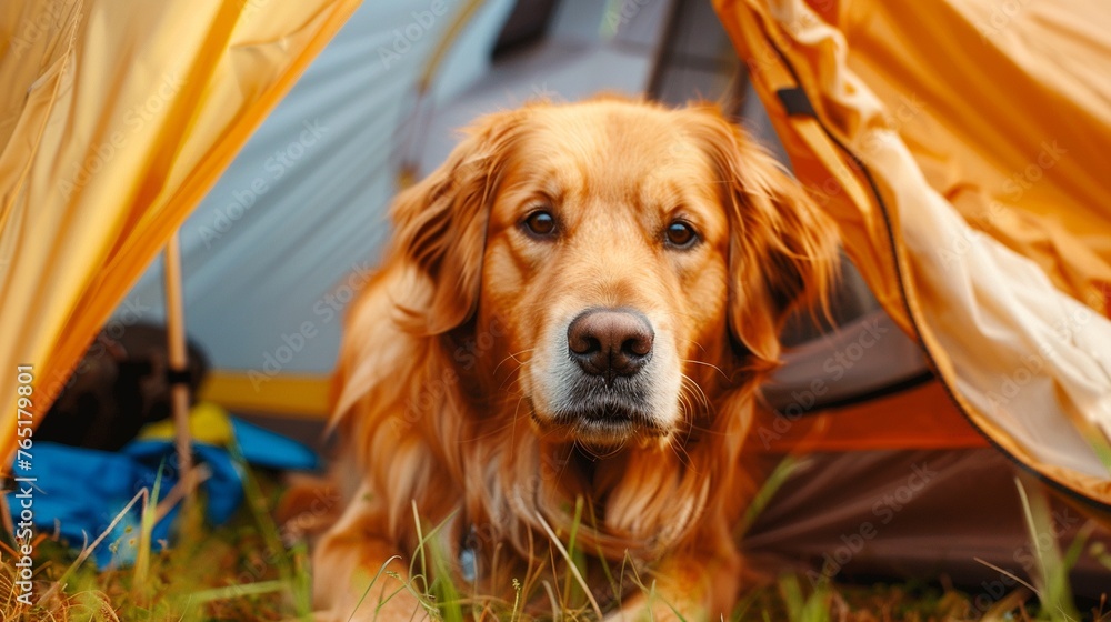 Happy golden retriever dog enjoy camping time, looking out and smiling from a yellow tent on camping area, outdoor, copy space, in countryside rural landscape. - obrazy, fototapety, plakaty 