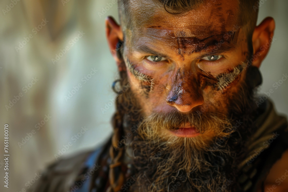 A defiant fighter, beard braided with leather, eyes aflame. The light wall behind him reflects the intensity of his spirit A defiant fighter, beard braided with leather, eyes aflame. The light wall behind him reflects the intensity of his spirit