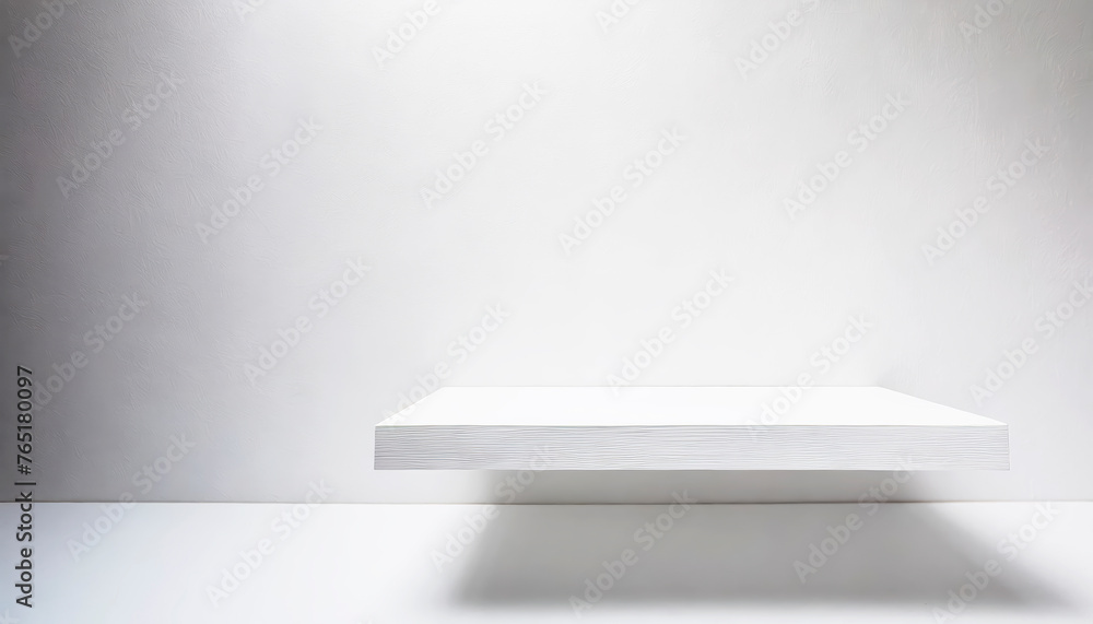 A white shelf with a white wall behind it. The shelf is made of wood with free space as a podium for product presentation A white shelf with a white wall behind it. The shelf is made of wood with free space as a podium for product presentation