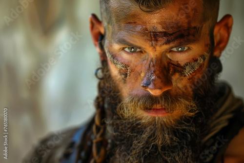 A defiant fighter  beard braided with leather  eyes aflame. The light wall behind him reflects the intensity of his spirit