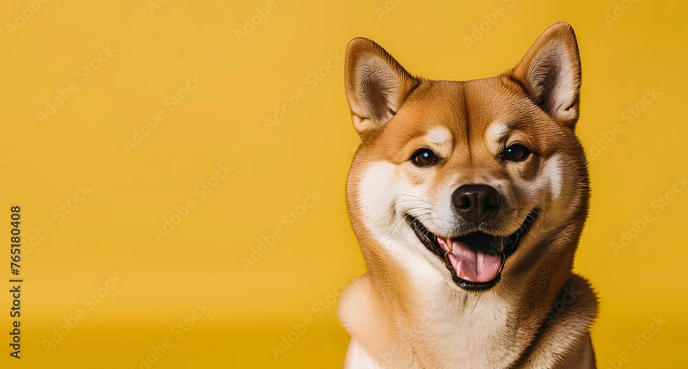Cheerful smiling shiba inu dog isolated on a yellow background with text space. Generative AI. V-2
