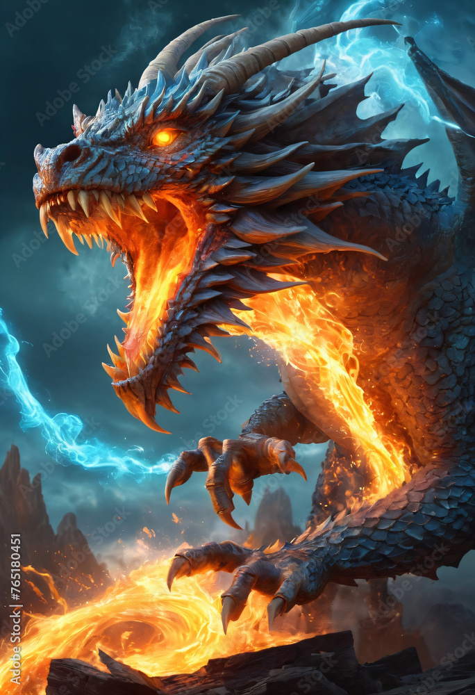 Orange fire dragon with open wings. Orange fire dragon with open wings.