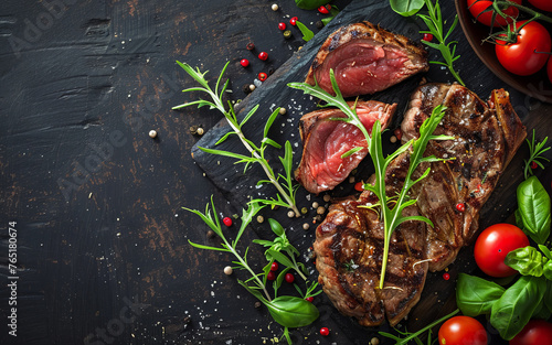Grilled rare ribeye beef steak with rucolla and tomatoes on dark background with free copy space, top view