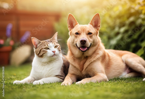 A dog and a cat are sitting next to each other on the lawn in the yard. Friendship between pets.