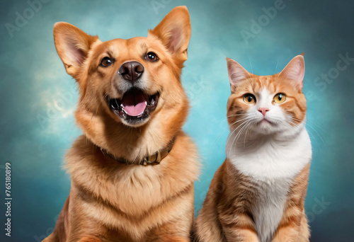 A dog and a cat are sitting next to each other. Friendship between pets. photo