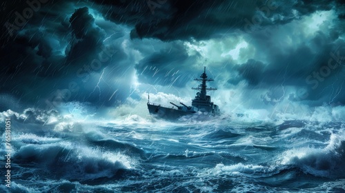 the ship crashes through waves and storms