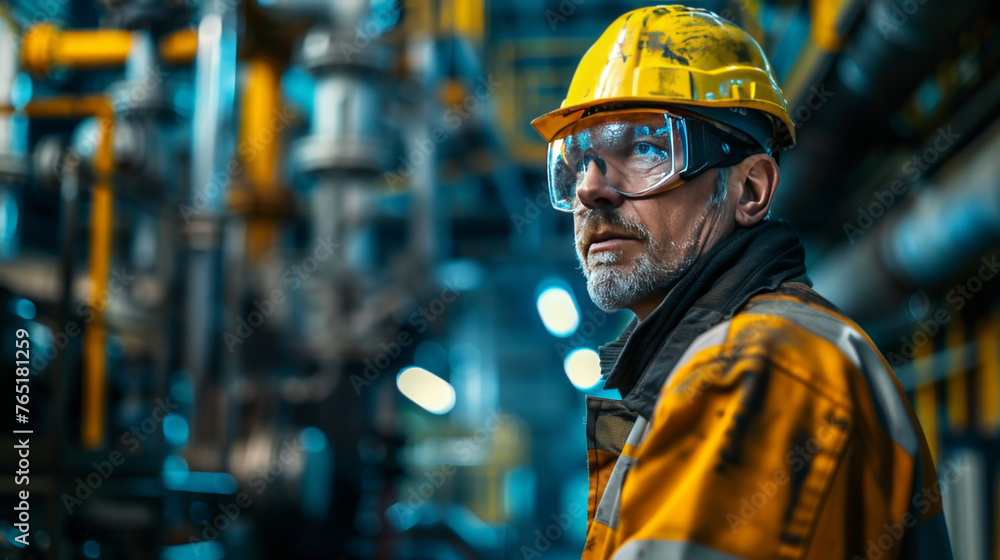 Middle-aged engineer with helmet and protective glasses standing in an industrial factory setting. Middle-aged engineer with helmet and protective glasses standing in an industrial factory setting.