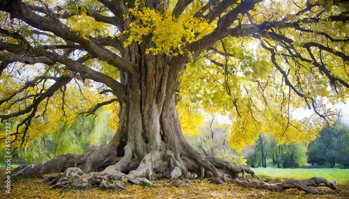 Big tree with yellow leaves and big roots. Autumn park. Fall season. Beautiful natural scenery.