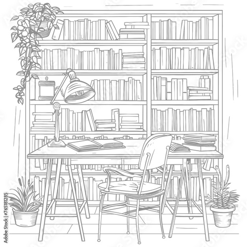 Outline Illustration for The study room has bookshelves and many book in there