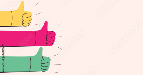 Illustration of hands with thumbs up in a row, radiating positivity and consensus in bright tones on a clean background