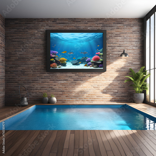 The brick wall interior design of the house by the pool is giving off a rustic and cozy vibe, making it a perfect spot for relaxation. On the walls, there is an empty frame mockup hanging, just waitin photo