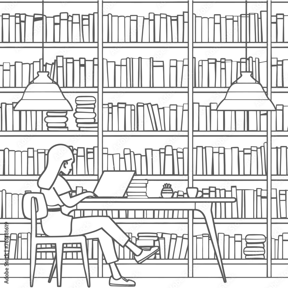 Outline Illustration for people reading in the study room has bookshelves and many book in there