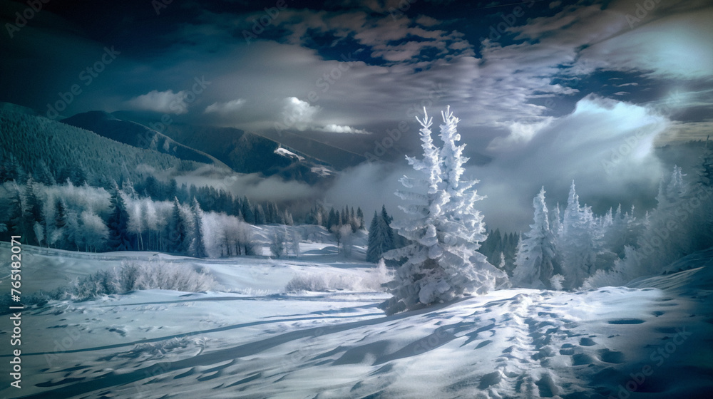 a serene winter landscape with snowflakes gently falling around a frozen pond, capturing the tranquil beauty of a snowy afternoon. Beautiful simple AI generated image in 4K, unique.