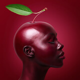 Half human, half cherry head on dark red background.