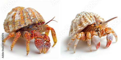 A vibrant hermit crab with a patterned shell isolated on a pure white background.
