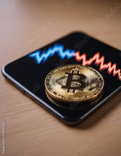 A golden Bitcoin coin rests on a smartphone displaying vibrant market trend lines. This image captures the modern intersection of traditional cryptocurrency and digital trading platforms.