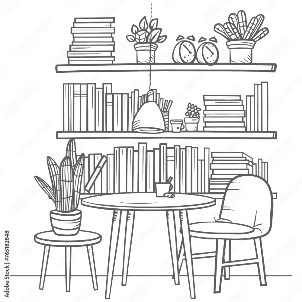 Fototapeta premium Outline Illustration for The study room has bookshelves and many book in there