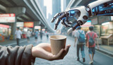 Robot arm dropping a coin into a cup held by a human hand in an urban setting