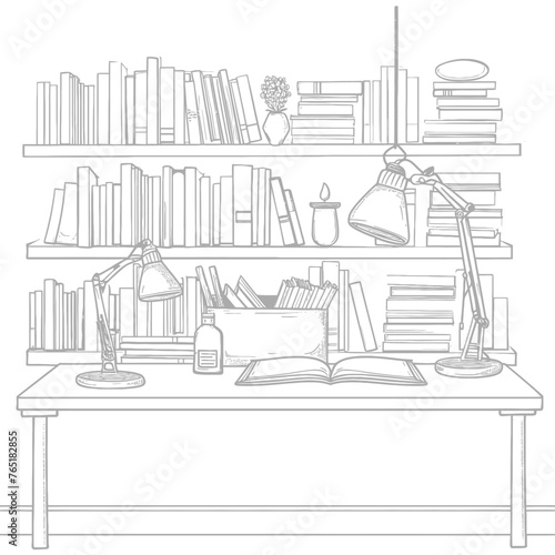 Outline Illustration for The study room has bookshelves and many book in there