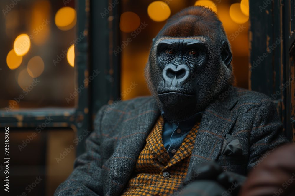 An anthropomorphic figure in business attire with a gorilla's head, symbolizing leadership through strength and influence. Concept of dominant leadership. Generative Ai. - obrazy, fototapety, plakaty 