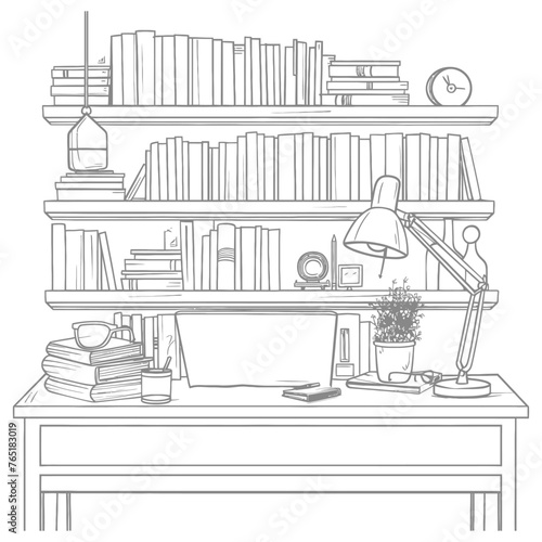 Outline Illustration for The study room has bookshelves and many book in there