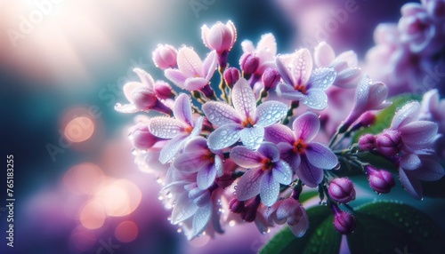 Dewy lilac flowers in bloom, capturing the essence of spring, perfect for botanical and nature designs © Evarelle