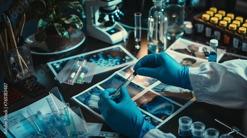 Criminal investigator analyzes evidence in the forensic laboratory photo