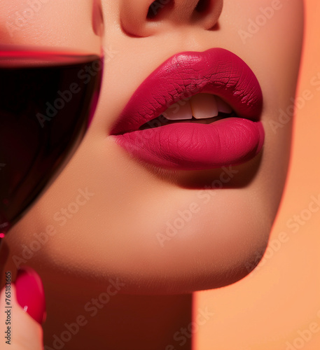 Close-up of lips, wearing matte dark pink lipstick on peach background with wine red lipstick next to it, posing style for Instagram photo photo