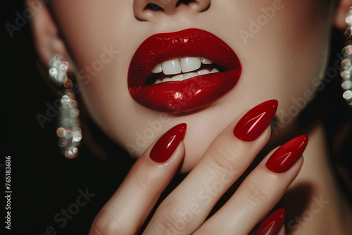 Close-up of hand and lips with red lipstick  showing manicure in elegant style  on dark background