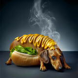 Humorous hot dog metaphor, steaming dachshund resting on a bun with lettuce and mustard over dark background