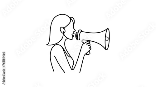 One continuous single drawn line art doodle megaphone, woman, people, announcement, business,refer, friend . Isolated image hand drawn continuous outline white background.