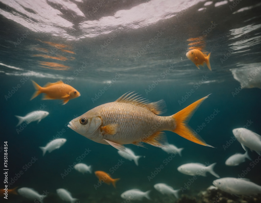 Naklejka premium Goldfish Leading the School in Murky Waters