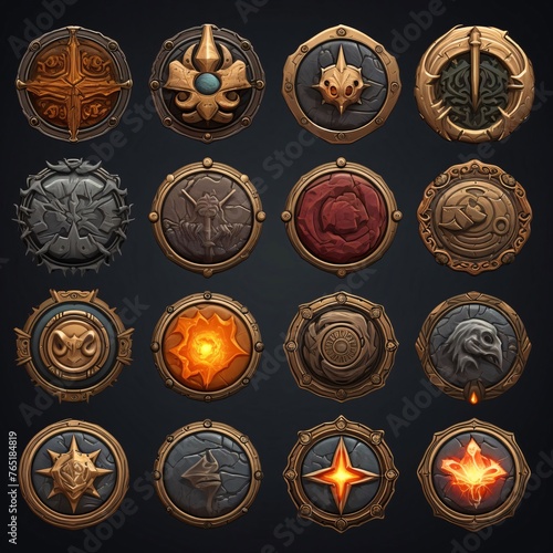 Medieval shields and badges set. Vector illustration isolated on black background
