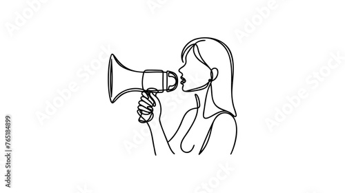 One continuous single drawn line art doodle megaphone, woman, people, announcement, business,refer, friend . Isolated image hand drawn continuous outline white background.
