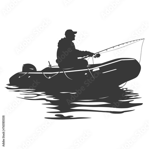Silhouette fisherman fishing using inflatable boat