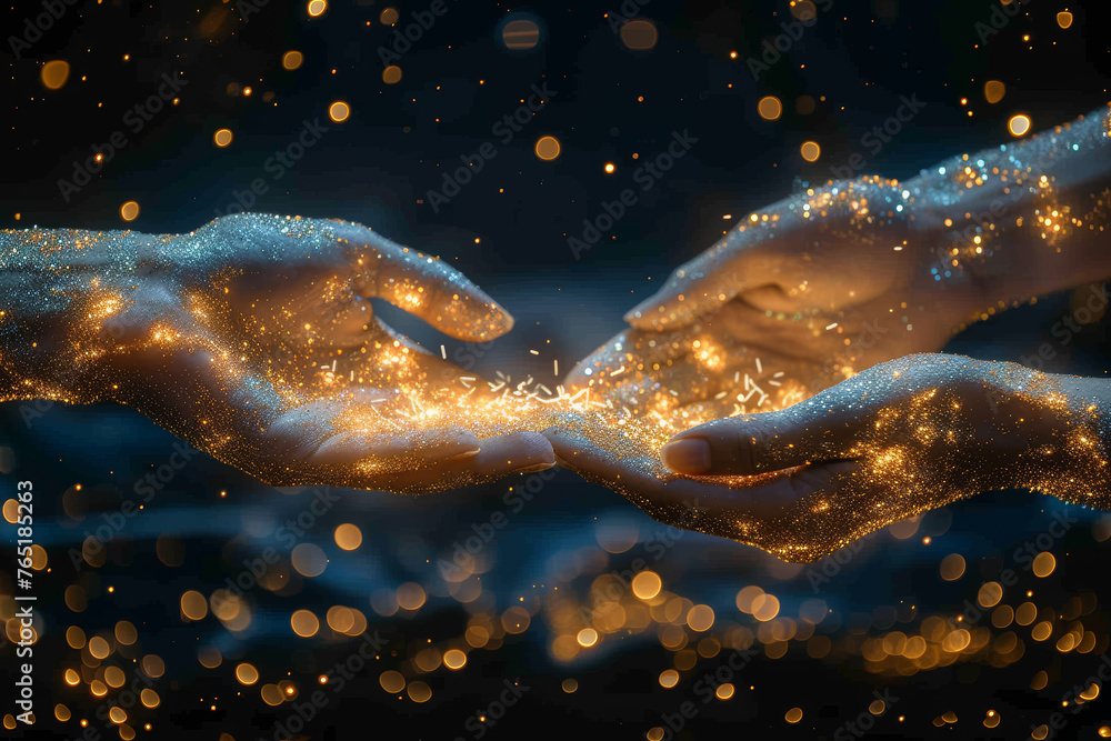 Two individuals exchanging keys against a backdrop of swirling stars, illustrating the exchange of trust and unlocking new possibilities. Concept of trust and opportunities. Generative Ai. - obrazy, fototapety, plakaty 