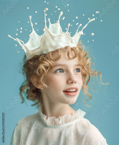 Teen girl with milk splash crown on light blue background