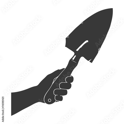 Silhouette hand holding brick trowel for construction black color only